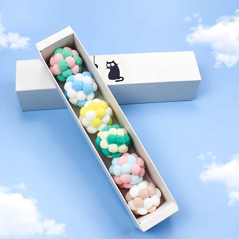 6-delige set regenboog pluche kattenspeelballen – met ingebouwde bel voor kauwen en spelen