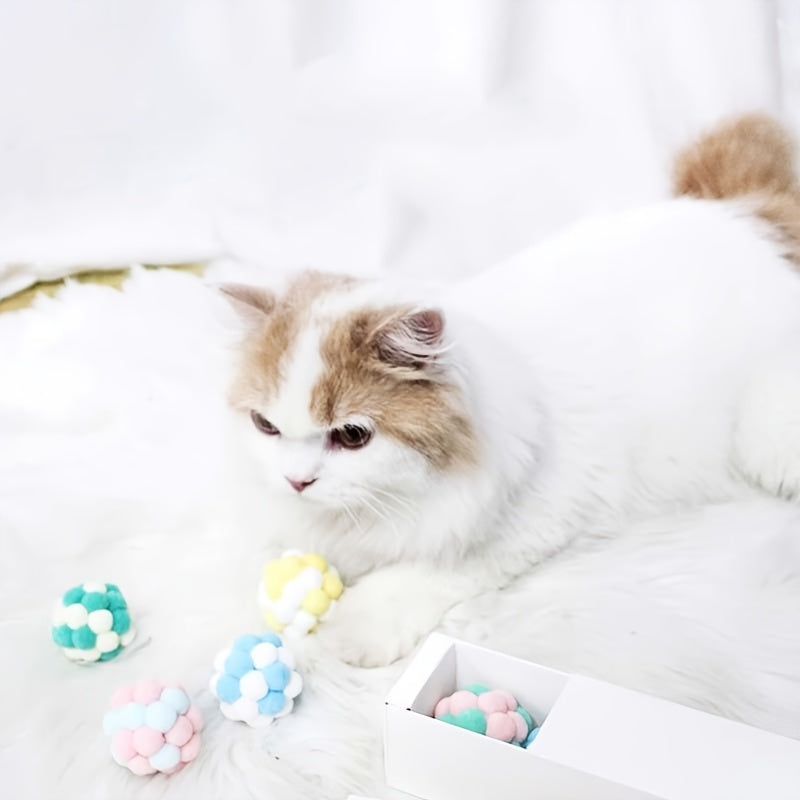 6-delige set regenboog pluche kattenspeelballen – met ingebouwde bel voor kauwen en spelen