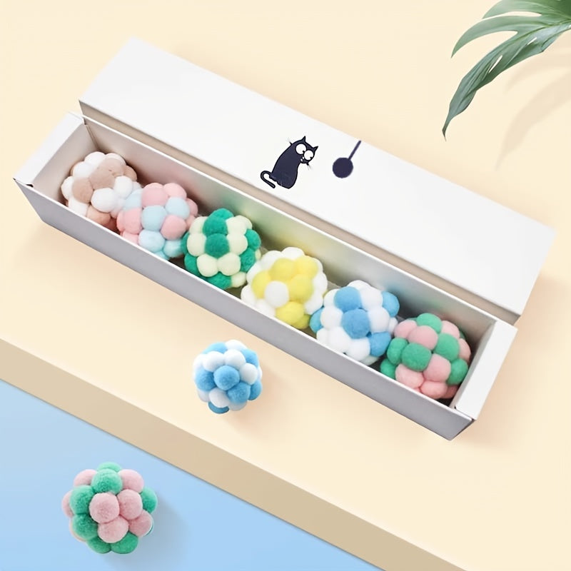 6-delige set regenboog pluche kattenspeelballen – met ingebouwde bel voor kauwen en spelen