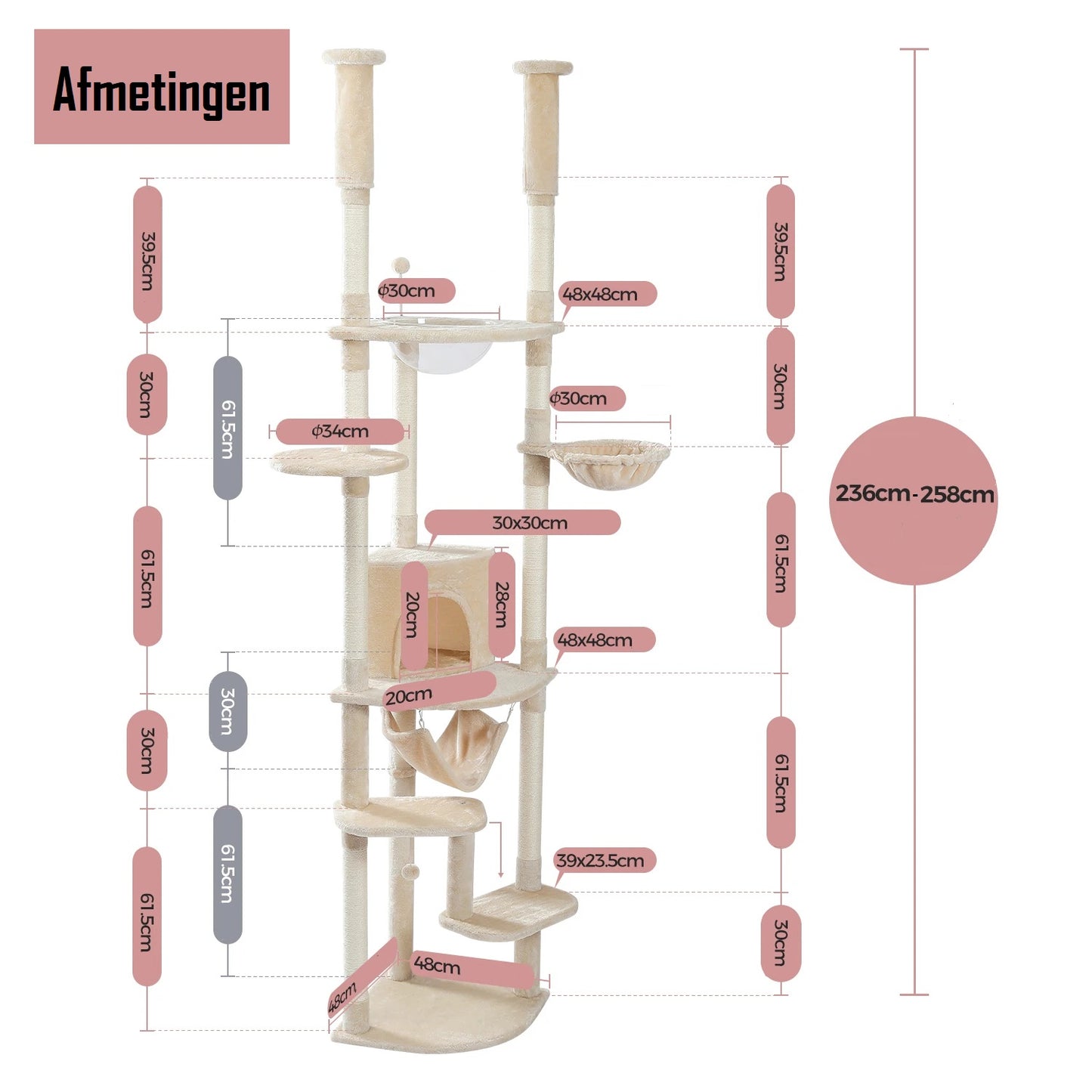Verstelbare Plafondhoge Kattentoren – Klimboom met Krabpalen en Hangmat