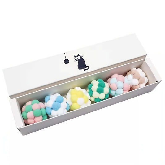 6-delige set regenboog pluche kattenspeelballen – met ingebouwde bel voor kauwen en spelen